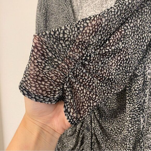 CAbi Sheer mesh black animal print Gathered Placket Blouse button front Size L - Picture 4 of 10